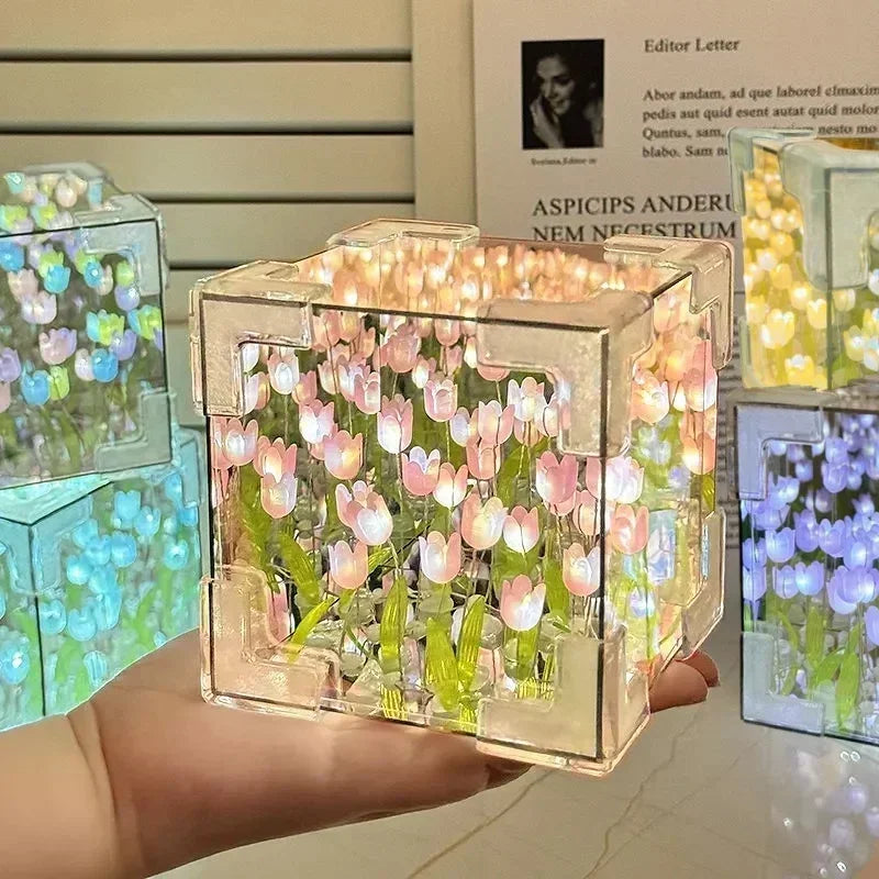 DIY Tulip Flower Sea Cube Night Lamp – 3D Creative Material Kit for Couples