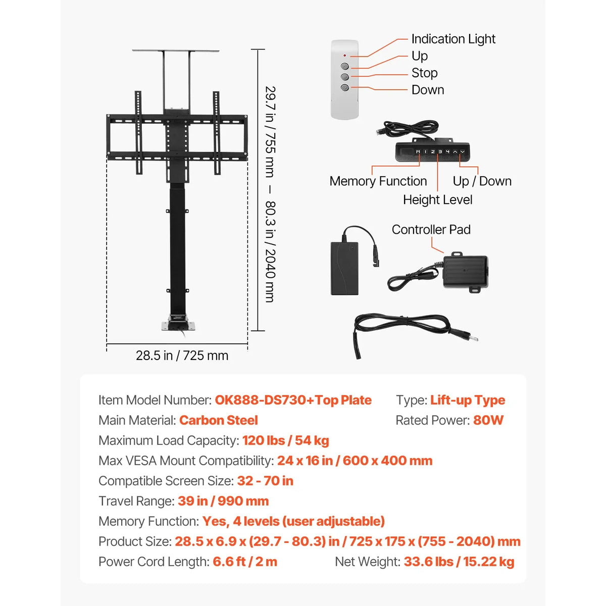SucceBuy Motorized TV Wall Mount Bracket for 32–70 Inch TVs – Adjustable Electric Lift, Heavy Duty, Max VESA 24x16/24, 88–132 lbs Capacity