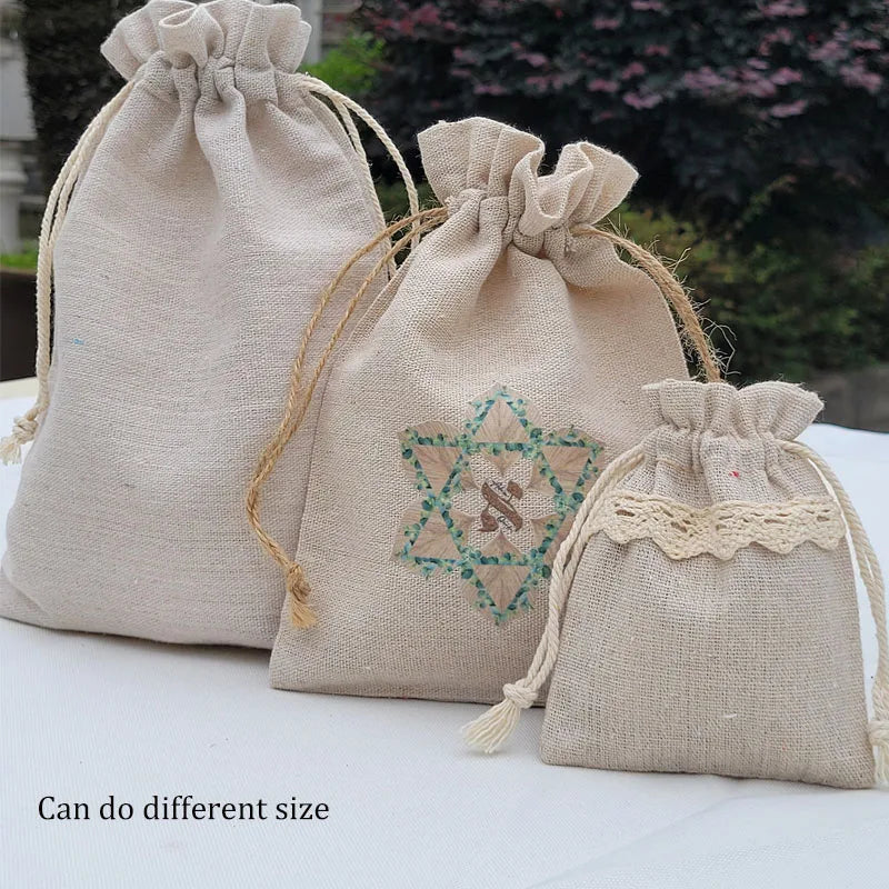 50PCS Natural Linen Gift Bags — 5×7, 7×9, 9×12cm Jute Candy & Jewelry Pouches