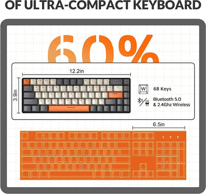 60% Wireless Mechanical Keyboard - Bluetooth Dual Mode, Hot-Swappable Mini 68-Key Red Switch for PC, PS4, Xbox, iPhone, iPad