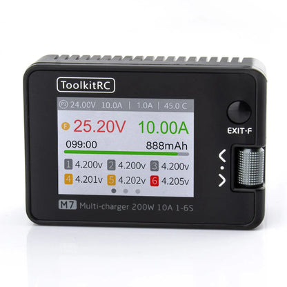 ToolkitRC M7 200W 10A DC Charger/Discharger — ADP100 Adapter for 1-6S LiPo, LiHV & LiFe Lion RC Batteries (EU/US)
