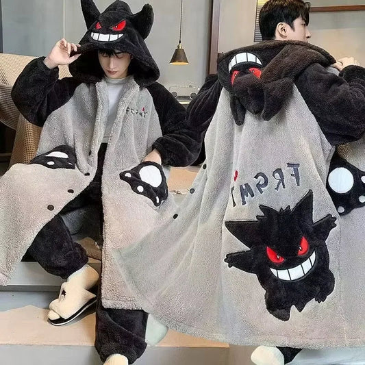 Gengar Pokemon Pajamas Set — Men’s Large Winter Coral Fleece Hooded Nightgown, Thick Warm Anime Home Suit