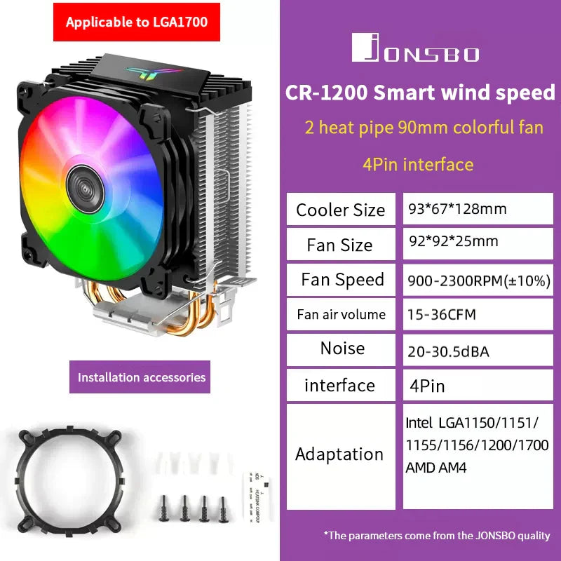 Jonsbo CR1200 CPU Cooler — 2 Heat Pipe Tower with RGB 9cm Fan for Intel LGA115X/775 & AMD AM4
