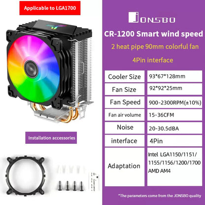 Jonsbo CR1200 CPU Cooler — 2 Heat Pipe Tower with RGB 9cm Fan for Intel LGA115X/775 & AMD AM4