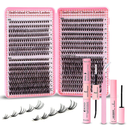 Eyelash Extension Kit – 640pcs DIY Lash Clusters (9-16mm), Mix Curl, with Tweezers, Glue & Remover