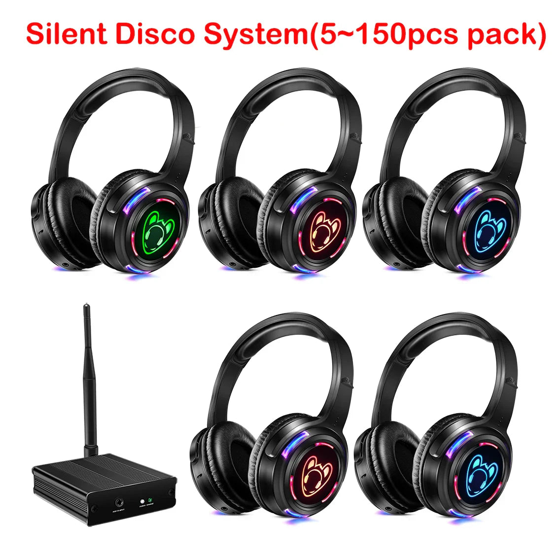 Silent Disco Complete System – Black LED Wireless Headphones Bundle with 5 Headsets & 1/2/3 Transmitters for Quiet Parties