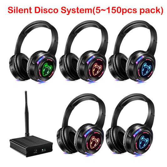 Silent Disco Complete System – Black LED Wireless Headphones Bundle with 5 Headsets & 1/2/3 Transmitters for Quiet Parties