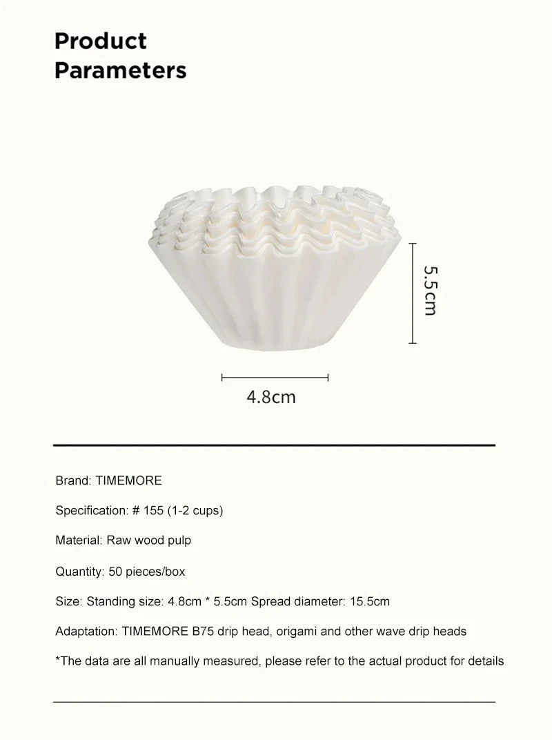 TIMEMORE 1–2 Cup Pour Over Coffee Filters – 50pcs Basket Paper Filter Sheets for B75 Dripper, Premium Coffee Brewing Accessories