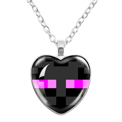 Funny Pixel Block Cartoon Pendant Necklace – 25mm Glass Heart-Shaped Charm, My World Theme Jewelry Gift