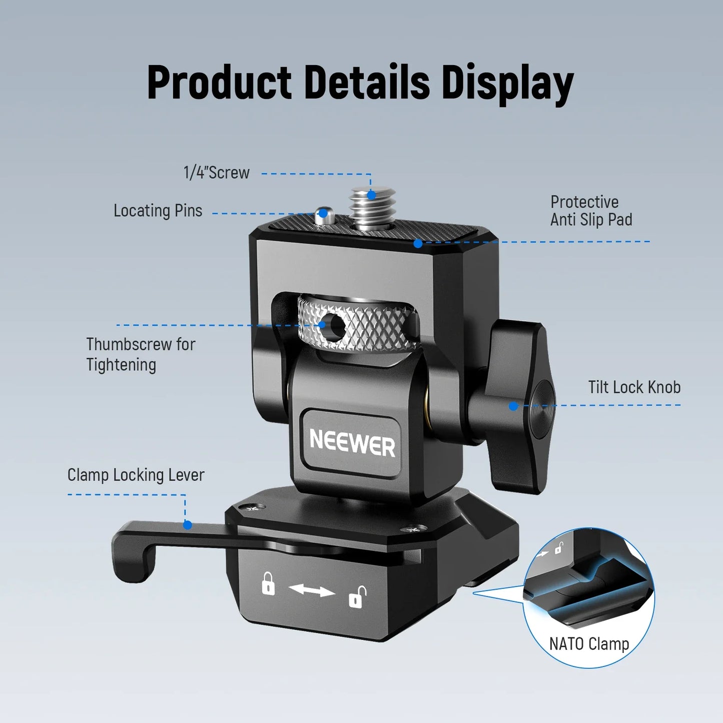 NEEWER Adjustable Camera Clamp – Monitor Mount with Cold Shoe, Anti-Twist 1/4" Screw for Flash & DIY Accessories