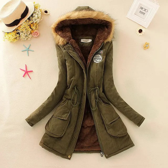 2024 Women's Winter Cotton Jacket – Slim Fit Hooded Parka, Embroidered Padded Warm Casual Overcoat