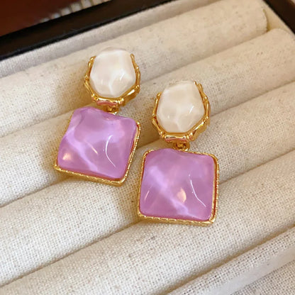 Purple & White Geometric Resin Dangle Earrings – Trendy Asymmetric Drop Jewelry for Women