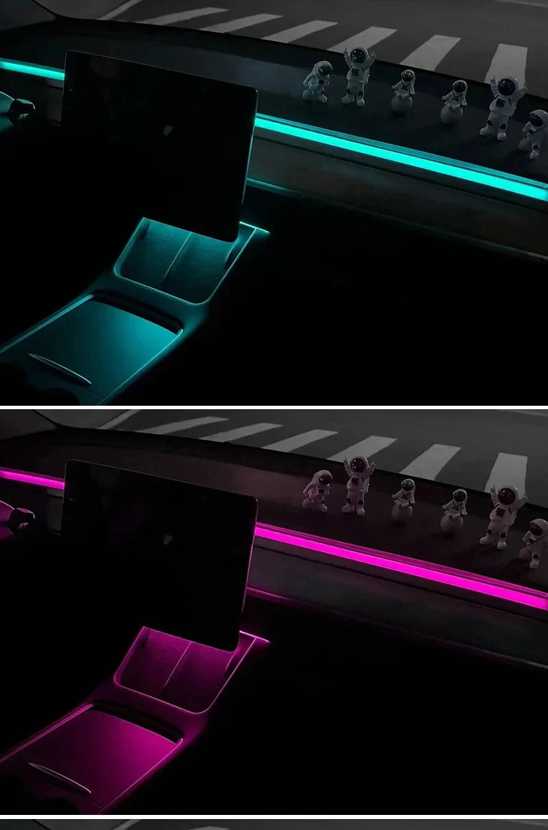 2-in-1 Dynamic Neon RGB Car LED Ambient Lighting – Auto OFF 60s Module for Tesla Model 3 & Y Dashboard Decoration