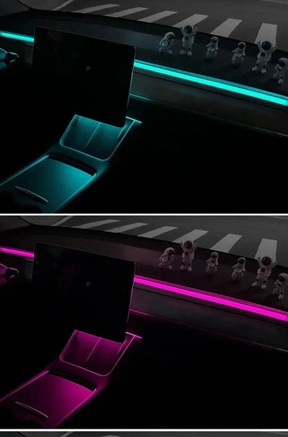 2-in-1 Dynamic Neon RGB Car LED Ambient Lighting – Auto OFF 60s Module for Tesla Model 3 & Y Dashboard Decoration