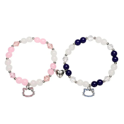 Spider Cat Charm Beaded Bracelet Set – Multi Color Cat Eye & Heart Bracelets for Best Friends with Red, Blue Beads & Fireball Spacer