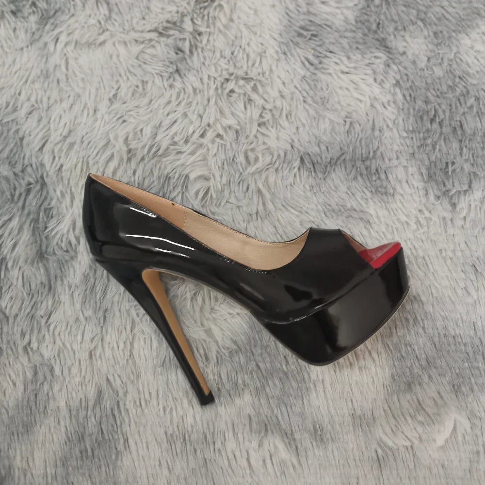 Women’s Sexy Platform Peep Toe Pumps – 14cm Stiletto Patent Leather High Heels for Party & Wedding
