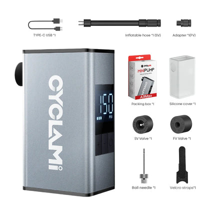CYCLAMI A3 MAX Aluminum Electric Bike Pump — 150 PSI Portable Rechargeable Tire Inflator for Schrader & Presta Valves