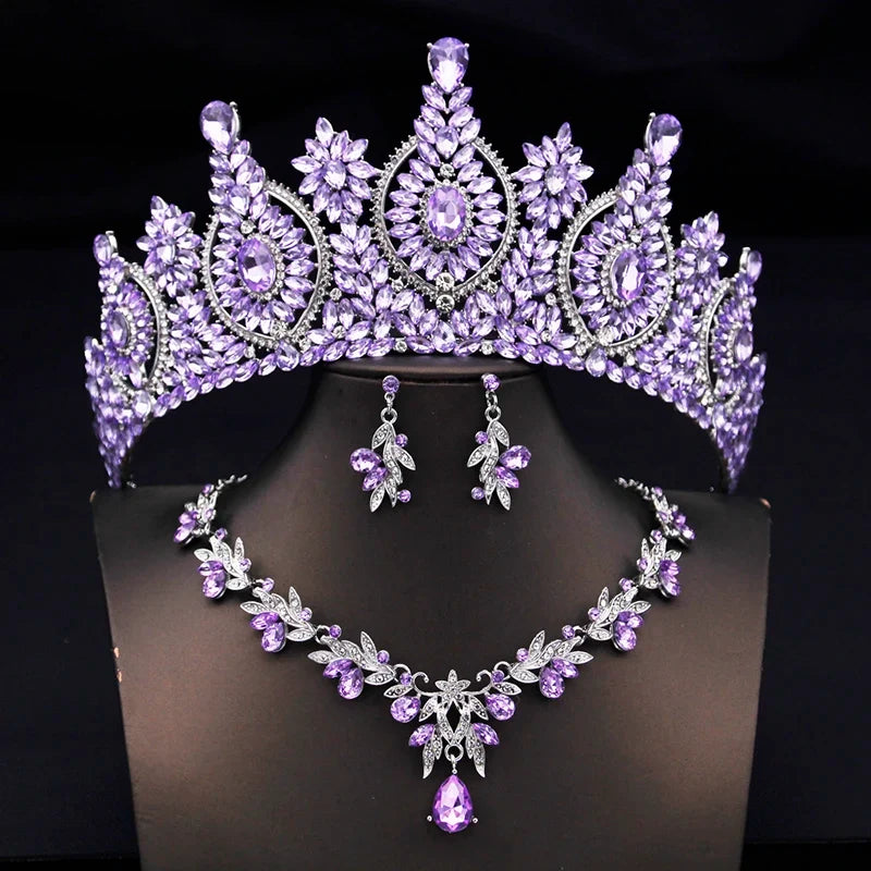 Rhinestone Bridal Tiara Jewelry Set - Wedding Crown with Necklace and Earrings for Women