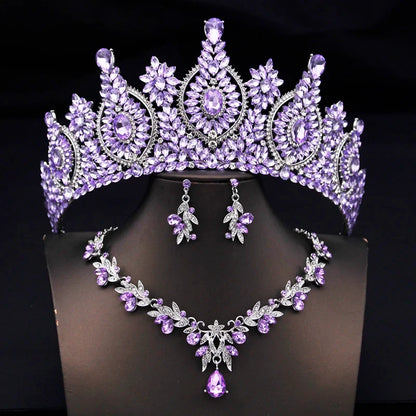 Rhinestone Bridal Tiara Jewelry Set - Wedding Crown with Necklace and Earrings for Women