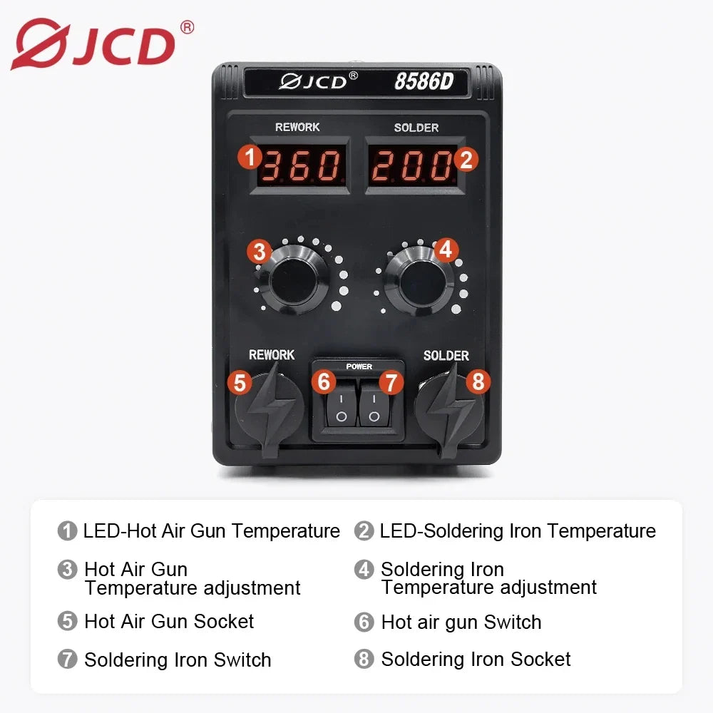 JCD 8586D 2-in-1 750W Soldering Station with Hot Air Gun – LCD Digital Display Electric Soldering Iron for SMD Welding & Rework