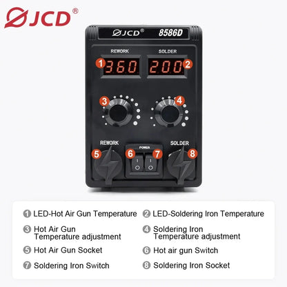 JCD 8586D 2-in-1 750W Soldering Station with Hot Air Gun – LCD Digital Display Electric Soldering Iron for SMD Welding & Rework