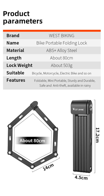 WEST BIKING Foldable Bike Lock – Heavy Duty Anti-Theft Chain Cable Padlock with 3 Keys for Bicycle & Motorcycle Security