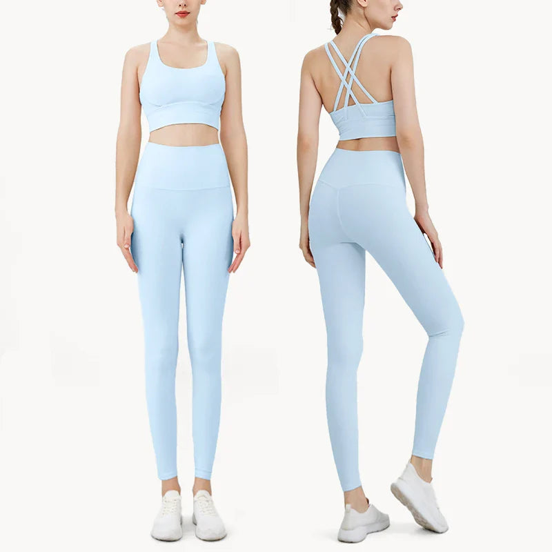Summer 2 Piece Women's Yoga Tracksuit - Cross-Back Nylon Top and Leggings Athletic Set for Pilates and Fitness