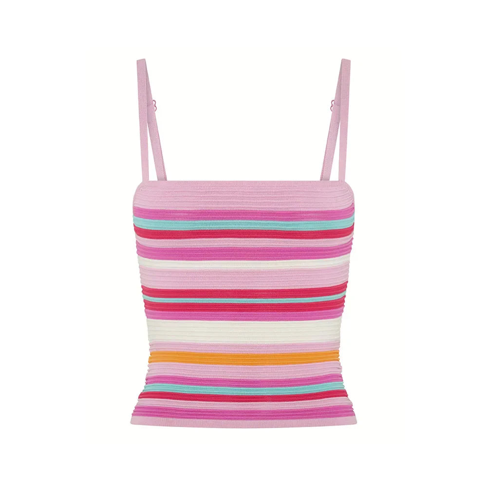 Women’s Y2K Vintage Striped 2-Piece Set – Sleeveless Cami Tank Top & Fold Over Shorts Summer Loungewear Vacation Outfit