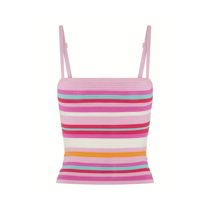 Women’s Y2K Vintage Striped 2-Piece Set – Sleeveless Cami Tank Top & Fold Over Shorts Summer Loungewear Vacation Outfit