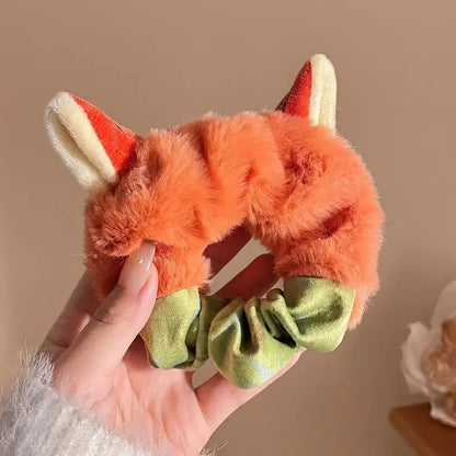 2Pcs Kawaii Fluffy Bunny Fox Scrunchies - Cartoon Animal Ear Hair Ties for Girls and Women