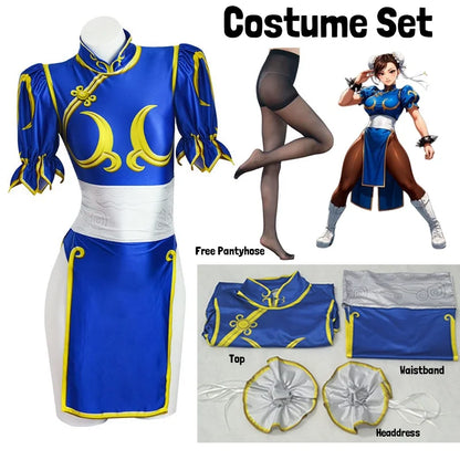 Chun-Li Cosplay Costume - Women’s Blue Cheongsam Dress with Headdress & Waistband for Halloween