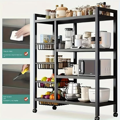 Heavy-Duty 4-Tier Metal Mesh Basket Rack — Rolling Storage Organizer with Locking Wheels for Kitchen & Restaurant Vegetables