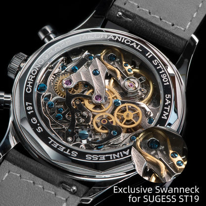 Sugess ST1908 Mechanical Chronograph Watch for Men – Swan Neck Movement, Moonphase Calendar, Vintage Leather Strap, 2023 Model