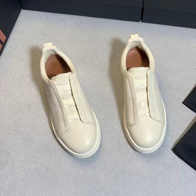Men's Summer Casual Shoes — Top Layer Cow Leather, Breathable Luxury Deer Skin Slip-On Sneakers