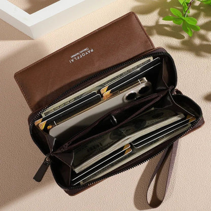 Classic Men’s Faux Leather Wallet – Bifold with Snap Closure, Zipper Card Holder & Photo Slot, Color Block Design