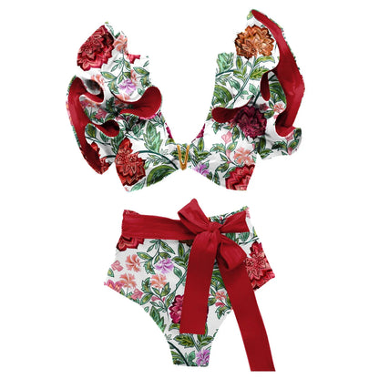 Sporlike V-Neck Ruffled Bikini Set – High Waist Sexy Printed Two-Piece Swimsuit for Women 2025