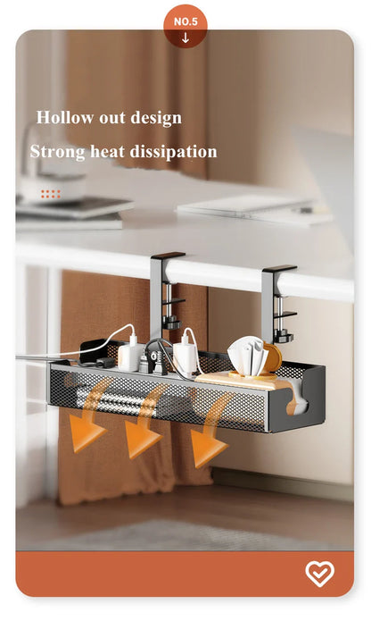 No-Drill Extendable Under Desk Cable Management Tray | Retractable Power Strip & Cord Holder with Clamp