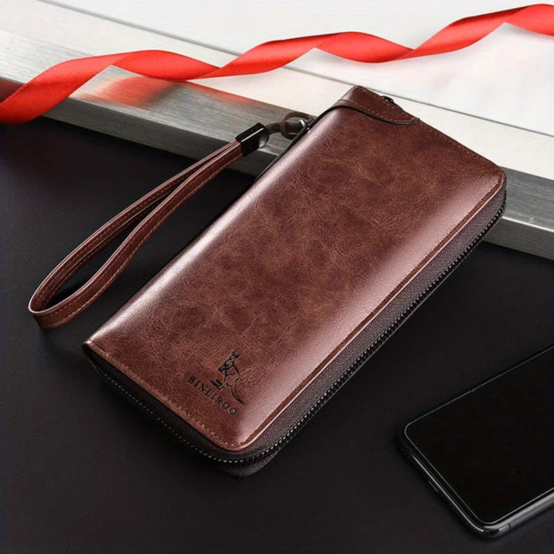 Men's Long Zipper Wallet – High-Quality PU Leather, RFID Blocking Business Clutch, Credit Card Holder