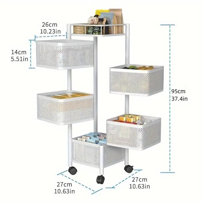 5 Tier Rotating Kitchen Storage Shelf - Metal Fruit & Vegetable Rack, Multi-Layer Trolley on Wheels