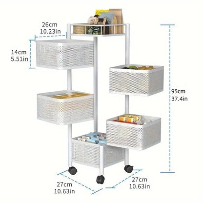 5 Tier Rotating Kitchen Storage Shelf - Metal Fruit & Vegetable Rack, Multi-Layer Trolley on Wheels