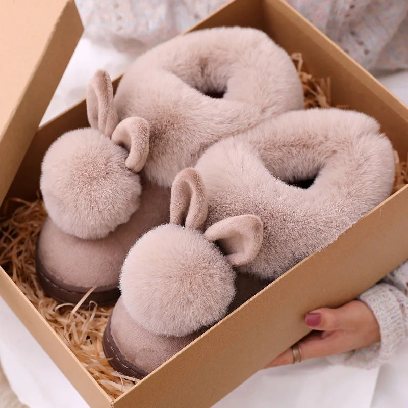 Unisex Winter Plush Slippers – Thick Sole Cozy Faux Rabbit Fur Indoor Slides with Closed Back for Couples