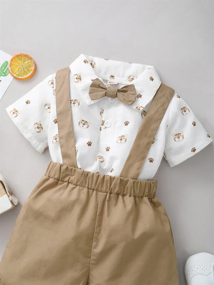 Infant Boy Outfit – Tiger Print Short Sleeve Shirt & Strap Shorts with Bow, Casual Birthday Party Suit (0-2 Years)