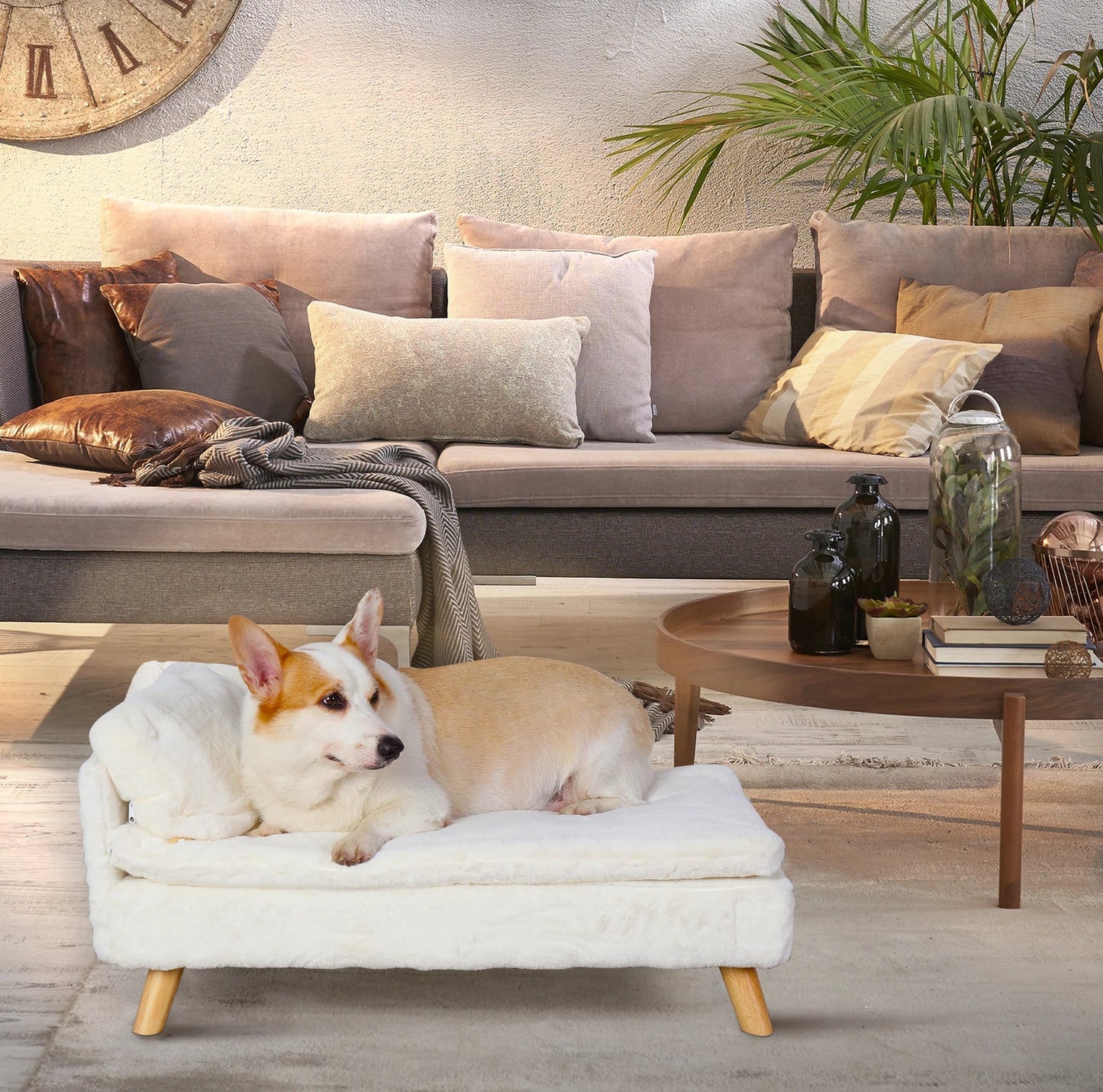Elevated Pet Bed — Nordic Style Stool Bed with Cozy Waterproof Pad & Wooden Legs for Small Dogs & Kittens