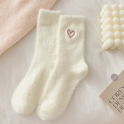 Thickened Pink Mink Fur Heart Embroidered Socks — Women’s Autumn Winter Warm Plush Mid-Tube Home Sleep Socks