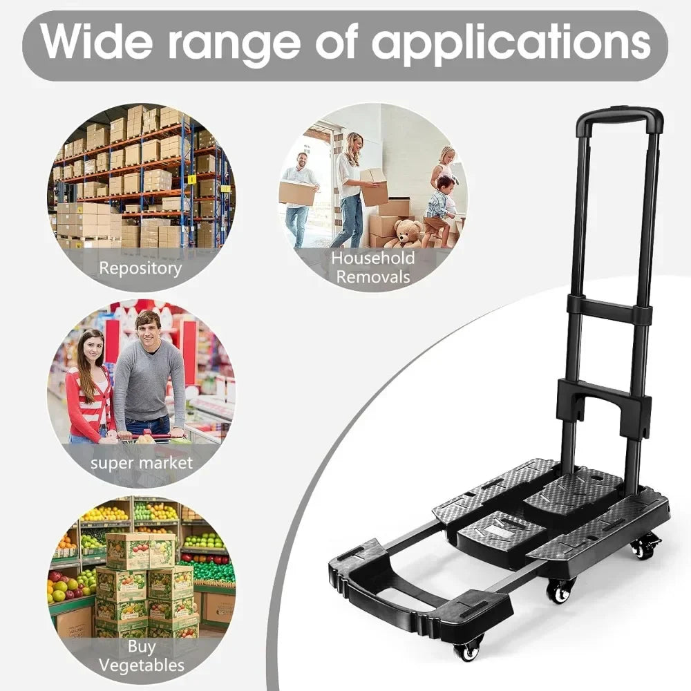 Folding Hand Truck 600lbs – Portable Heavy-Duty 6-Wheel Collapsible Luggage Dolly Cart with 2 Elastic Ropes