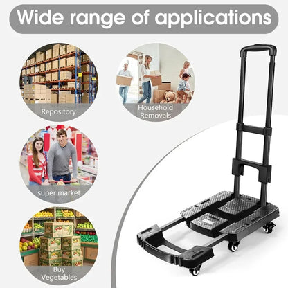Folding Hand Truck 600lbs – Portable Heavy-Duty 6-Wheel Collapsible Luggage Dolly Cart with 2 Elastic Ropes