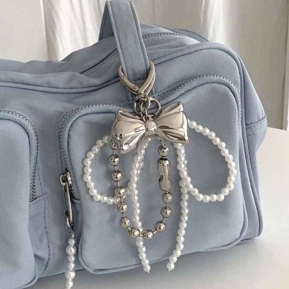 Cute Pearl Beaded Bowknot Keychain — Metal Bow Pendant Bag Charm for Women & Girls