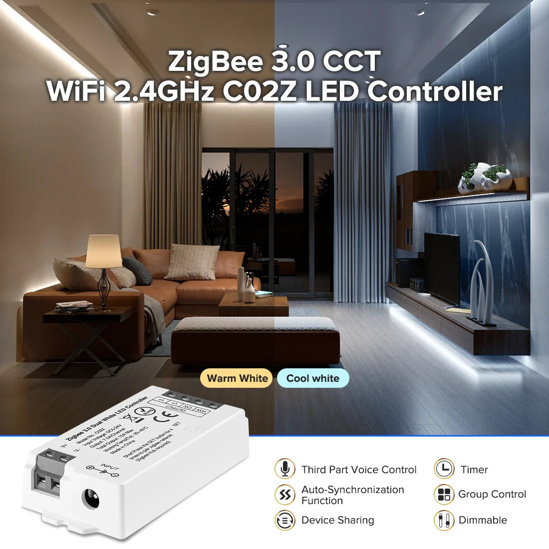 Zigbee 3.0 WiFi LED Controller, PWM Dimmer RGB/RGBW/RGBCCT Strip Light Bridge Tuya Dual Mode Gateway, DC 5V–24V Smart Lighting Control