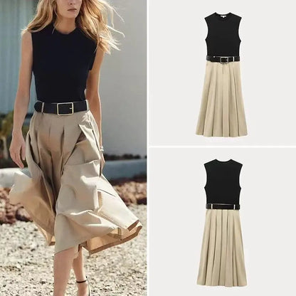 2025 Women’s Summer Dress Set – Sleeveless Panelled Long Skirt with Belt, Elegant Casual Party & Everyday Dress