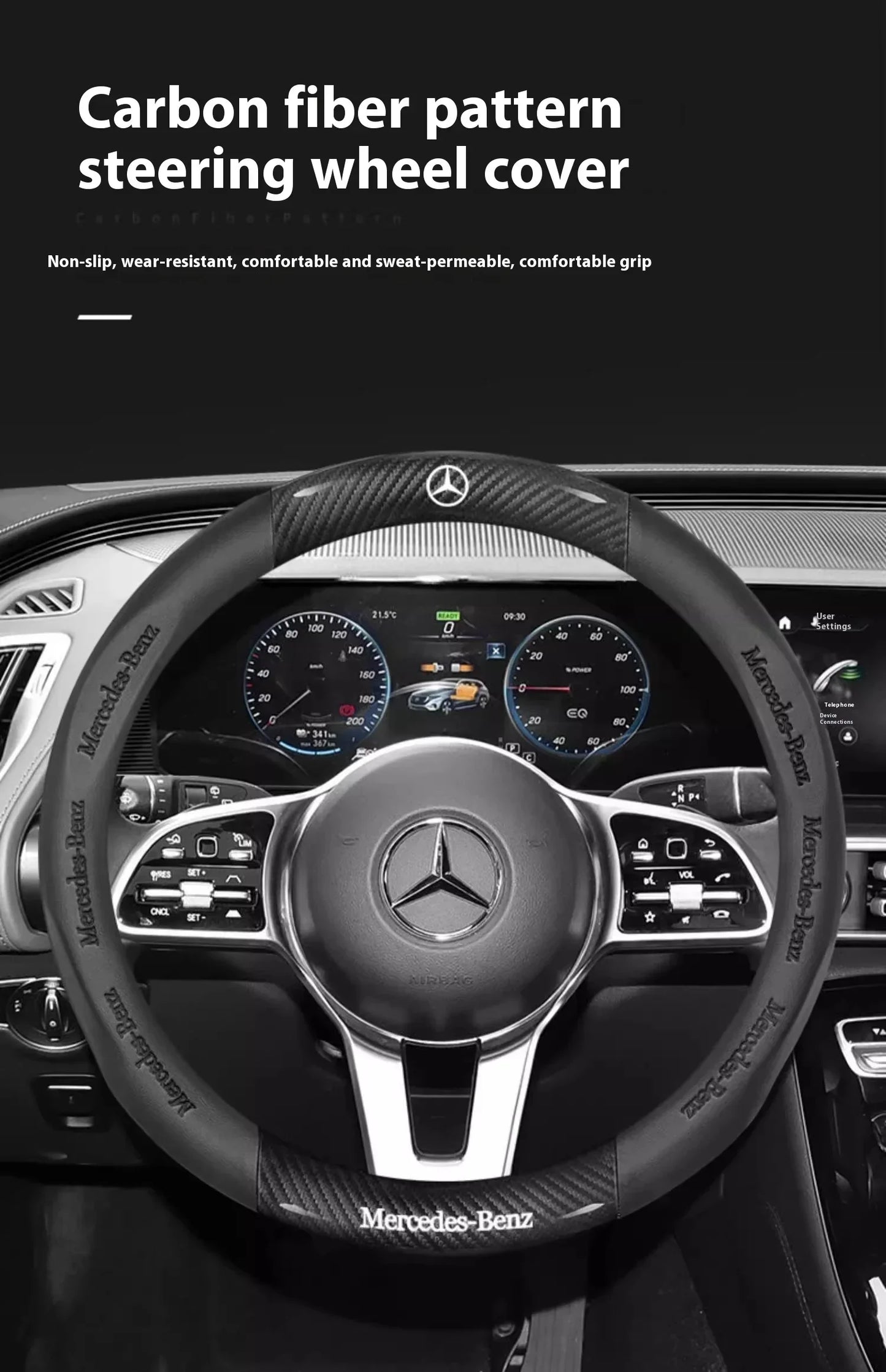Mercedes-Benz Carbon Fiber Leather Steering Wheel Cover — Anti-Slip Fit for A/B/C/E/S/V/R-Class, C43, CLA, GLA, GLB, GLC, GLK, SLK, SL, Vito
